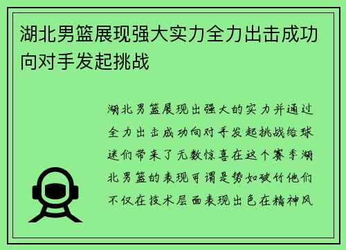 湖北男篮展现强大实力全力出击成功向对手发起挑战