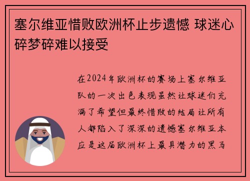 塞尔维亚惜败欧洲杯止步遗憾 球迷心碎梦碎难以接受