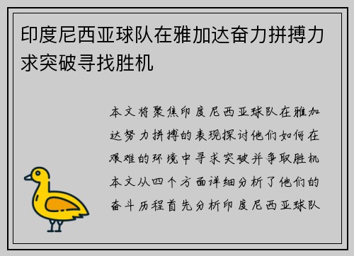 印度尼西亚球队在雅加达奋力拼搏力求突破寻找胜机