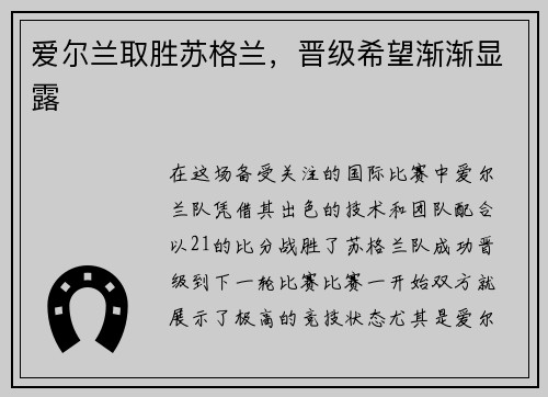 爱尔兰取胜苏格兰，晋级希望渐渐显露