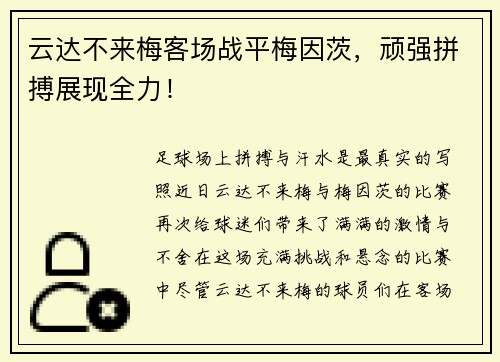 云达不来梅客场战平梅因茨，顽强拼搏展现全力！