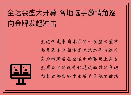 全运会盛大开幕 各地选手激情角逐 向金牌发起冲击