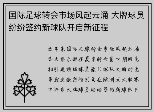 国际足球转会市场风起云涌 大牌球员纷纷签约新球队开启新征程