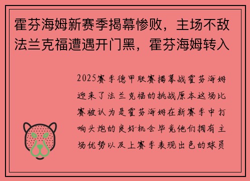 霍芬海姆新赛季揭幕惨败，主场不敌法兰克福遭遇开门黑，霍芬海姆转入球员