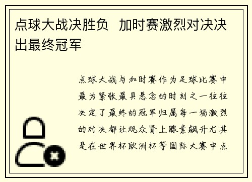 点球大战决胜负  加时赛激烈对决决出最终冠军