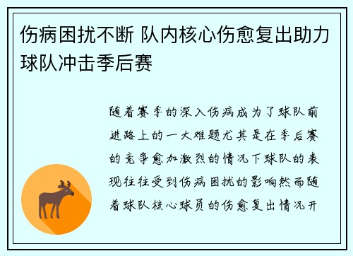 伤病困扰不断 队内核心伤愈复出助力球队冲击季后赛