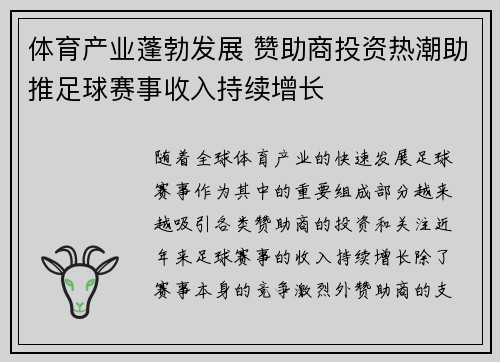 体育产业蓬勃发展 赞助商投资热潮助推足球赛事收入持续增长